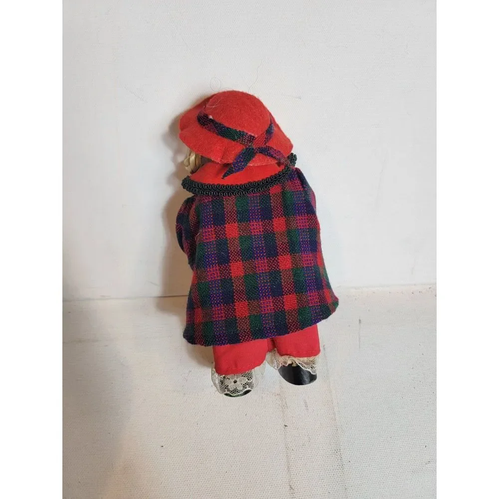 Wood Girl Christmas Wreath Red Green Plaid‎ Felt Hat Blond Hair R.O.C. Holidays